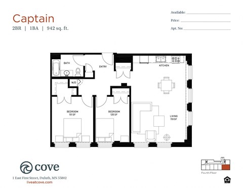 Floor plan for 2 beds, 2 baths, 942 sqft